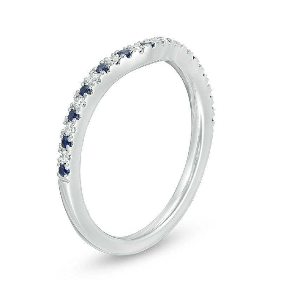 Zales Vera Wang Love Collection Blue Sapphire And 1/15 Ct. T.W. Diamond Contour Wedding Band In 14K White Gold Rings