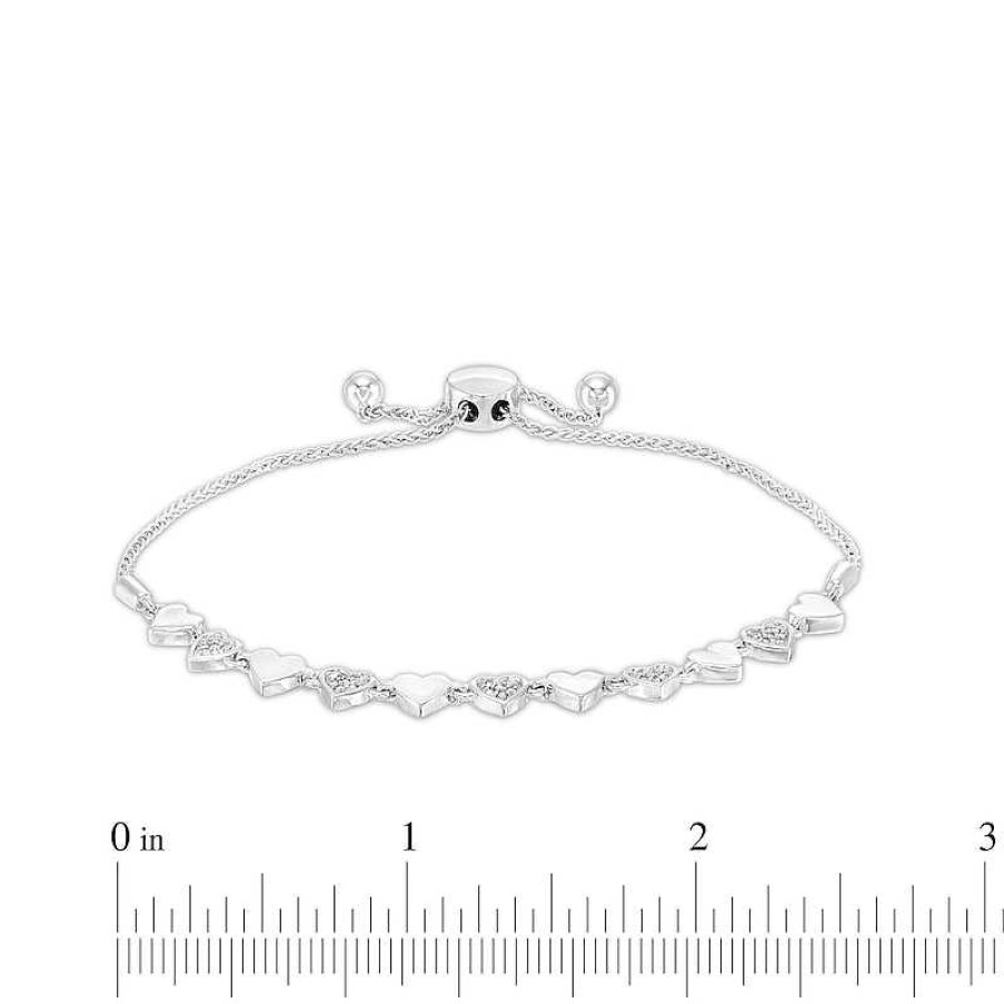 Zales 1/6 Ct. T.W. Diamond Alternating Heart Bolo Bracelet In Sterling Silver 9.5" Bracelets