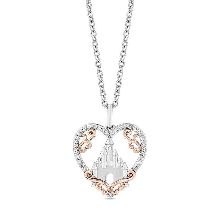 Zales Enchanted Disney Princess 1/10 Ct. T.W. Diamond Castle In Heart Pendant In Sterling Silver And 10K Rose Gold 19" Necklaces