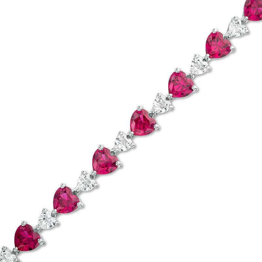 Zales Heart-Shaped Lab-Created Ruby And White Sapphire Line Bracelet In Sterling Silver - 7.25" Bracelets