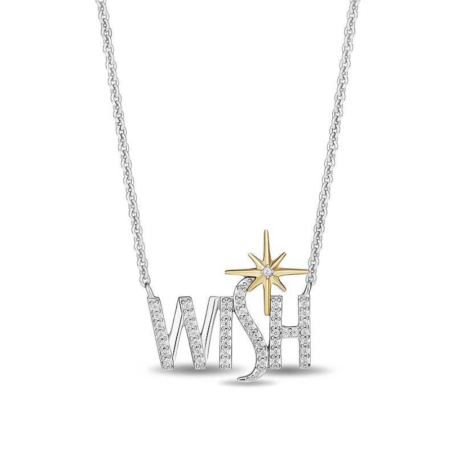 Zales Enchanted Disney Wish 1/8 Ct. T.W. Diamond "Wish" Logo Necklace In Sterling Silver And 10K Gold Necklaces