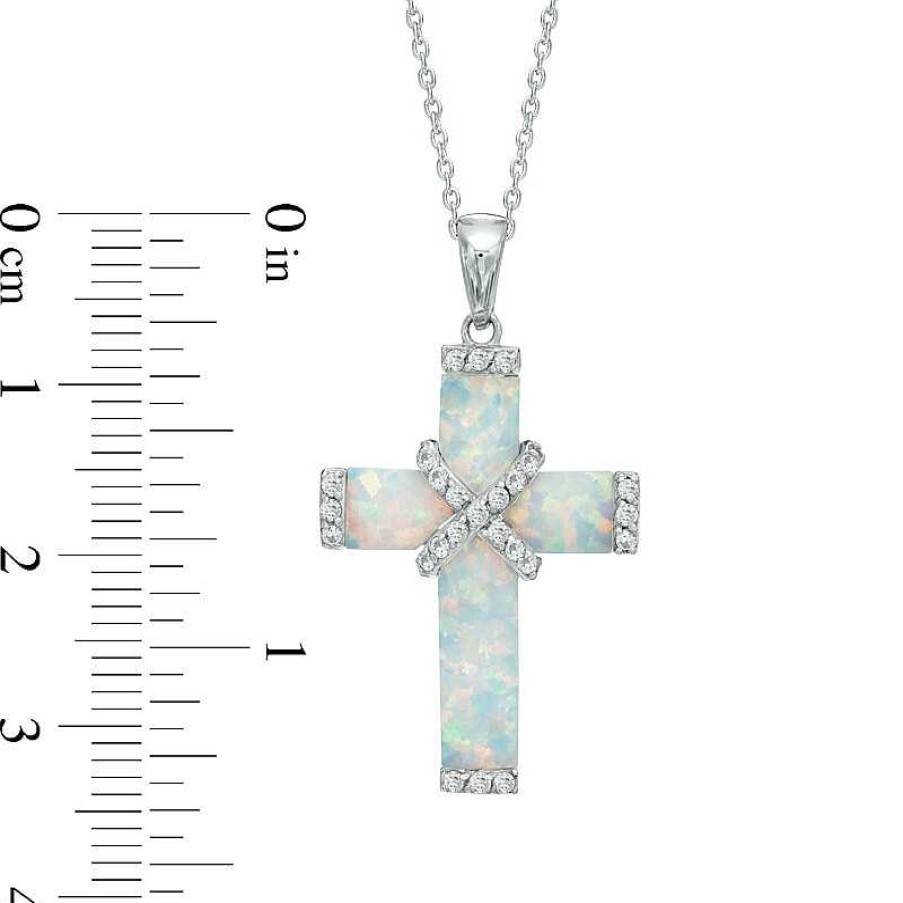 Zales Lab-Created Opal And White Sapphire Wrap Cross Pendant In Sterling Silver Necklaces