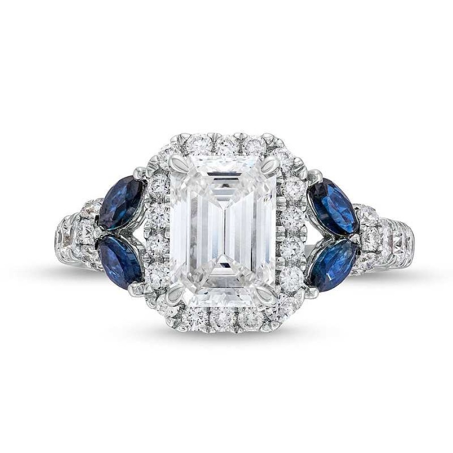 Zales True Lab-Created Diamonds By Vera Wang Love 2 Ct. T.W. Diamond And Sapphire Floral Engagement Ring In 14K White Gold Rings