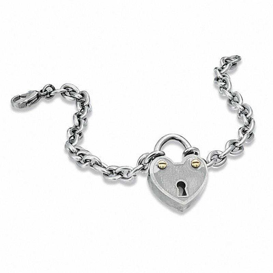 Zales Stainless Steel Heart Lock Bracelet With Yellow Ip Screws - 7.5" Bracelets