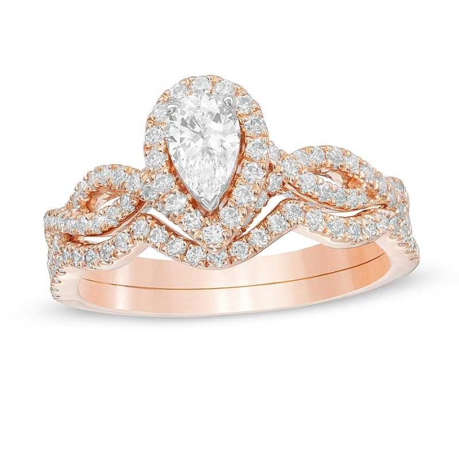 Zales 1 Ct. T.W. Pear-Shaped Diamond Frame Twist Split Shank Bridal Set In 14K Rose Gold Rings