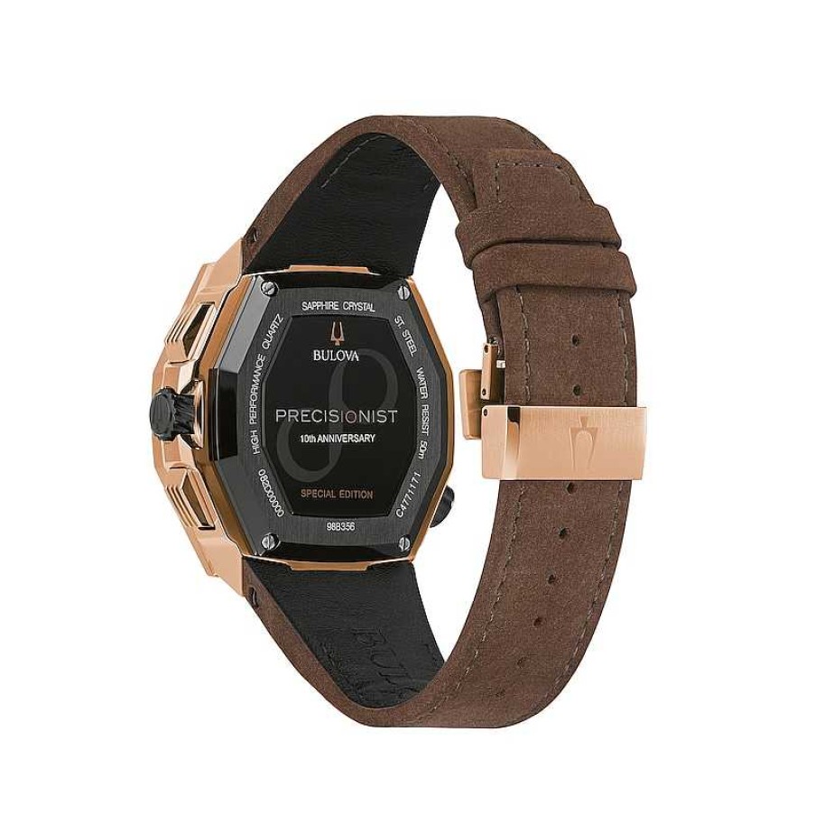 Bulova Men'S Bulova Precisionist X Rose-Tone Chronograph Brown Leather Strap Watch With Black Dial (Model: 98B356) Watches