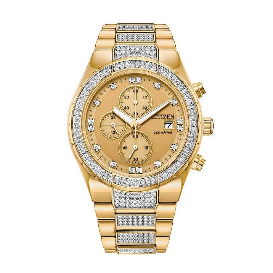 Citizen Men'S Citizen Eco-Drive® Crystal Accent Gold-Tone Watch And Link Chain Bracelet Box Set (Model: Ca0752-66P) Watches