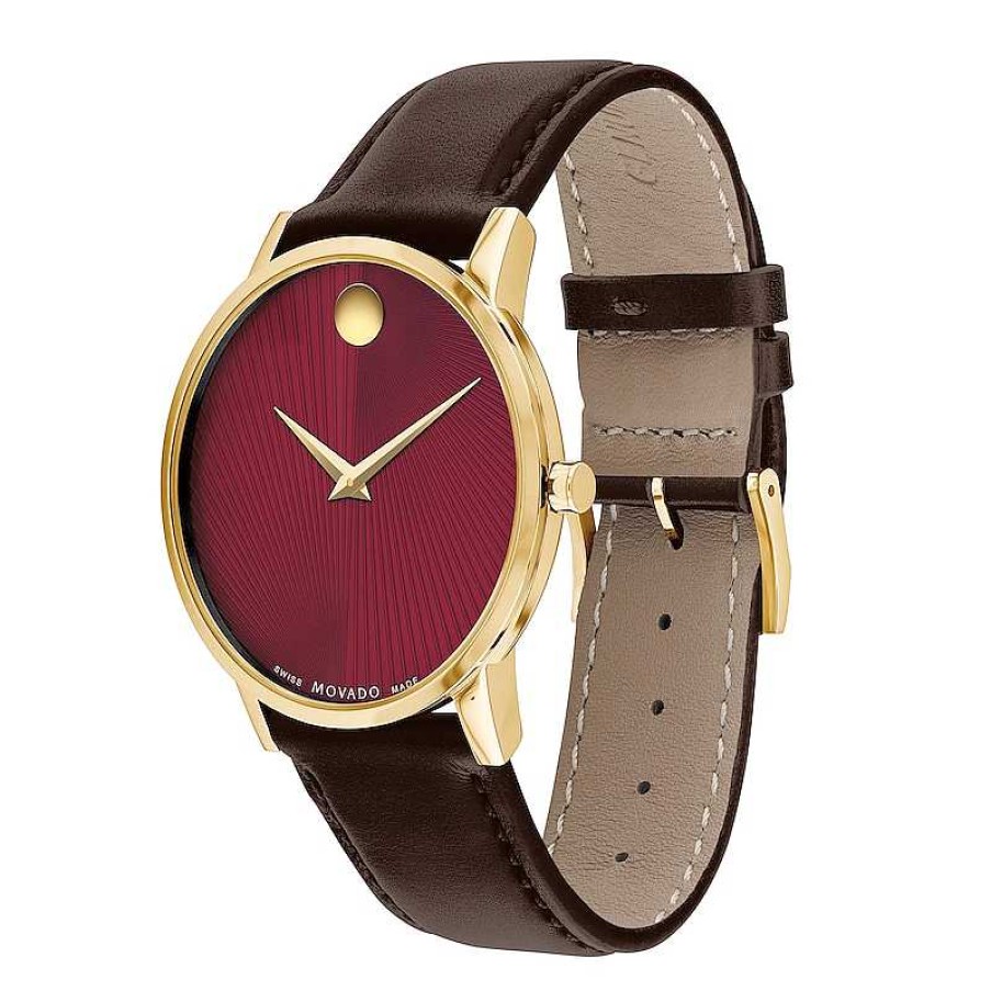 Movado Men'S Movado Museum® Classic Gold-Tone Pvd Brown Strap Watch With Burst Merlot Dial (Model: 0607801) Watches