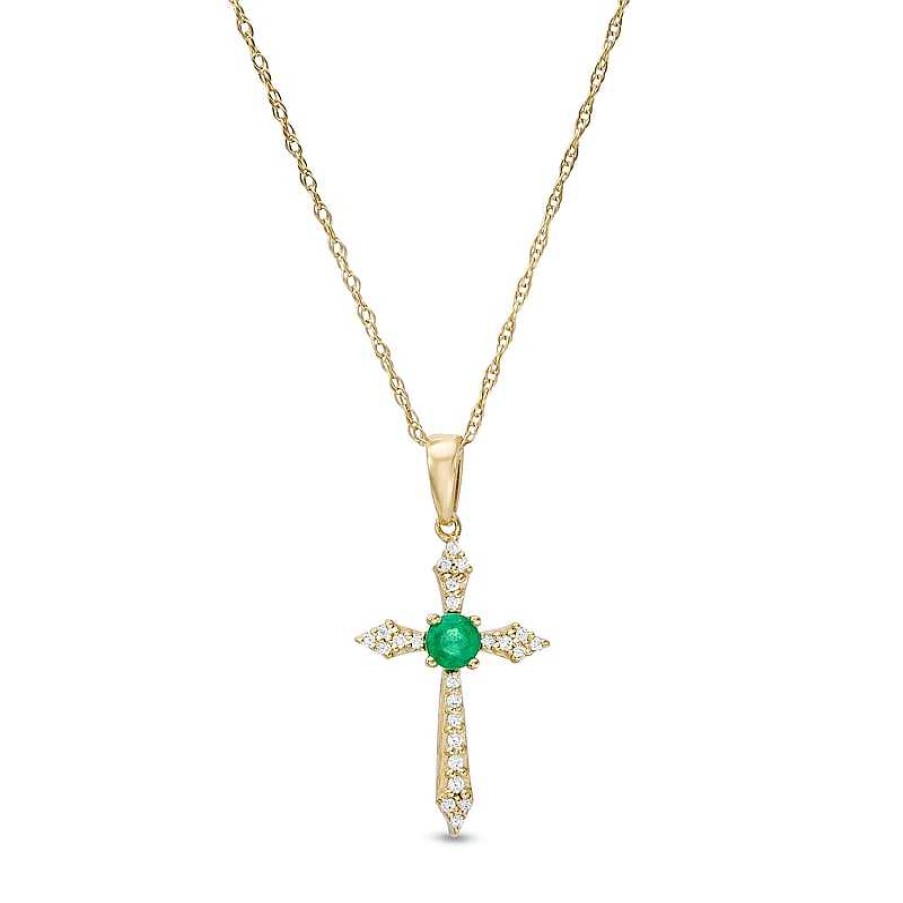 Zales 3.0Mm Emerald And 1/15 Ct. T.W. Diamond Cross Pendant In 10K Gold Necklaces