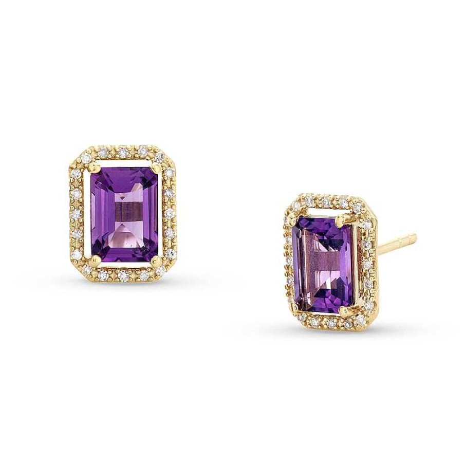 Zales Princess-Cut Amethyst And 1/10 Ct. T.W. Diamond Open Halo Stud Earrings In 10K Gold Earrings