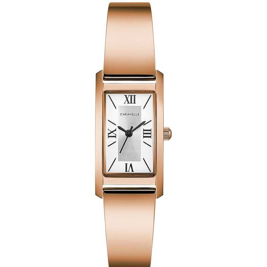 CARAVELLE Ladies' Caravelle By Bulova Rose-Tone Bangle Watch With Rectangular Silver-Tone And White Dial (Model: 44L264) Watches