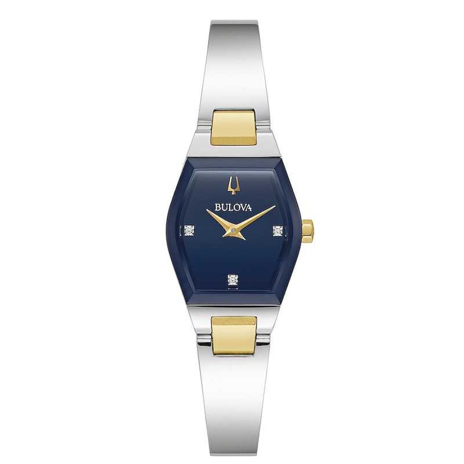 Bulova Ladies' Bulova Gemini Diamond Accent Two-Tone Ip Bangle Watch With Tonneau Blue Dial (Model: 98P218) Watches