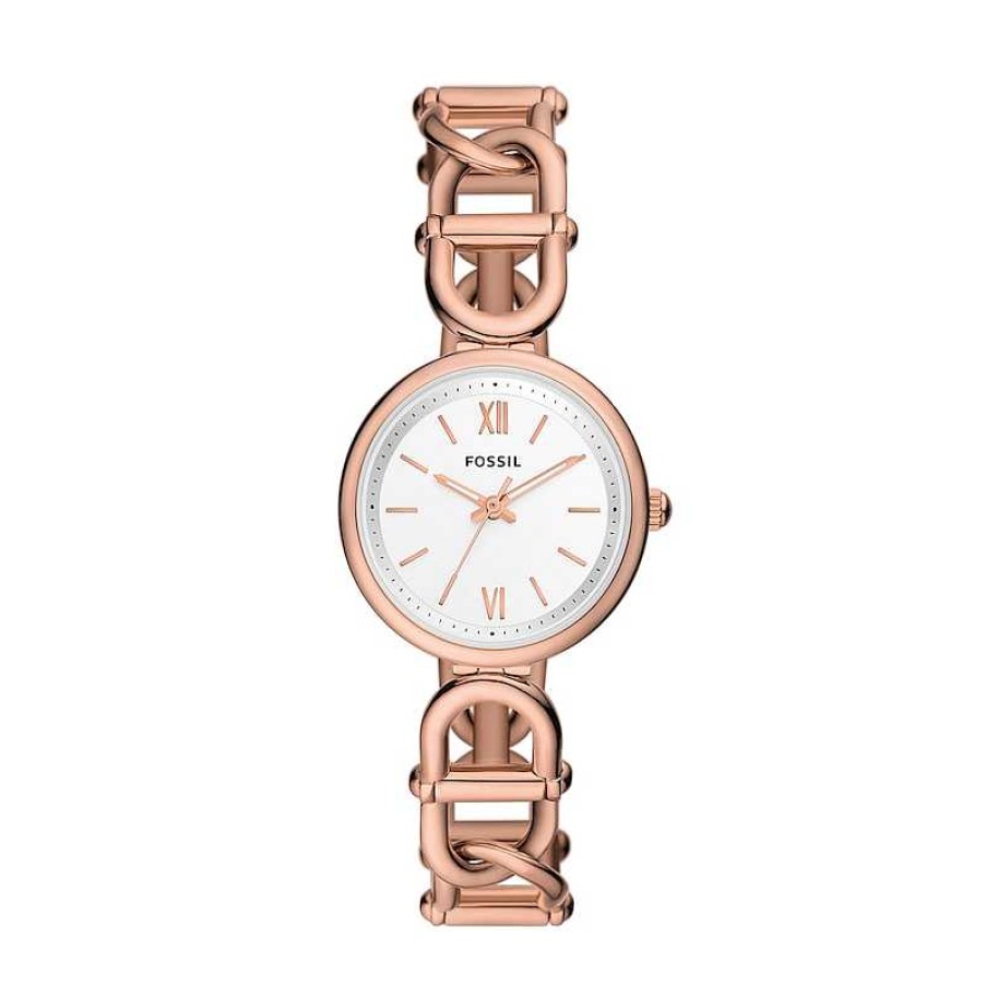 Fossil Ladies' Fossil Carlie Rose-Tone Watch With Roman Numeral Silver Dial (Model: Es5273) Watches