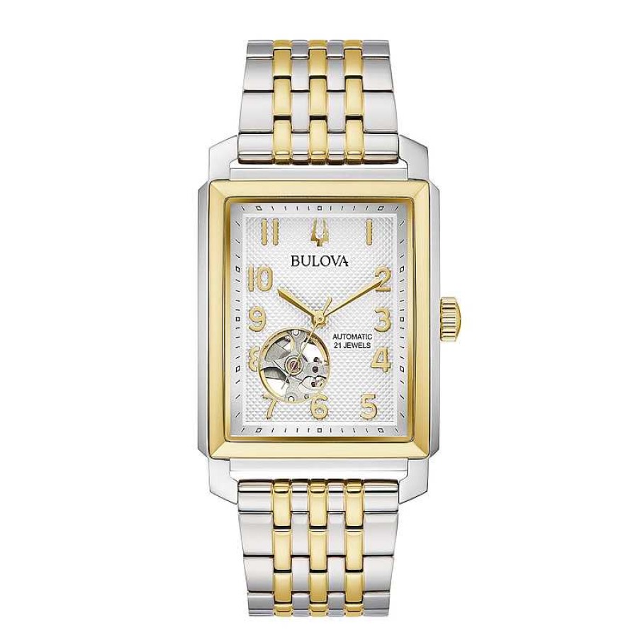 Bulova Men'S Bulova Sutton Two-Tone Watch With Rectangular White Dial And Skeleton Heart (Model: 98A308) Watches