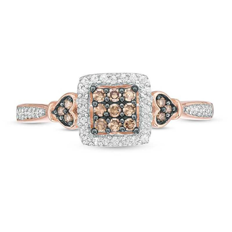 Zales 1/4 Ct. T.W. Champagne And White Composite Diamond Square Frame Heart-Sides Ring In 10K Rose Gold Rings