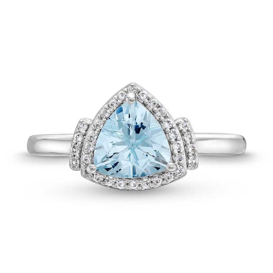 Zales Trillion-Cut Aquamarine And White Lab-Created Sapphire Ring In Sterling Silver Rings