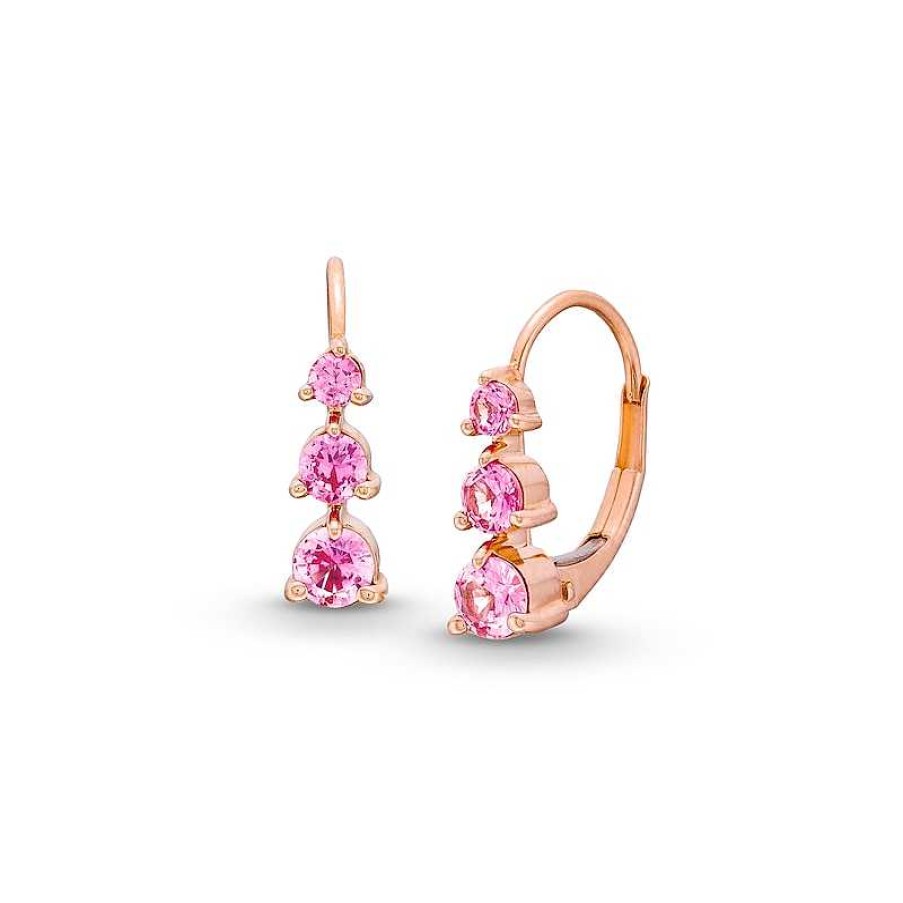 Zales Pink Lab-Created Sapphire Graduated Three Stone Hoop Earrings In 10K Rose Gold Earrings