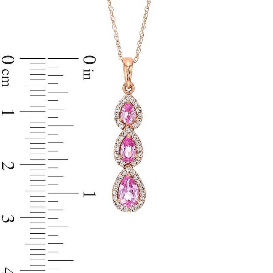 Zales Pear-Shaped Pink And White Lab-Created Sapphire Frame Three Stone Linear Drop Pendant In 10K Rose Gold Necklaces