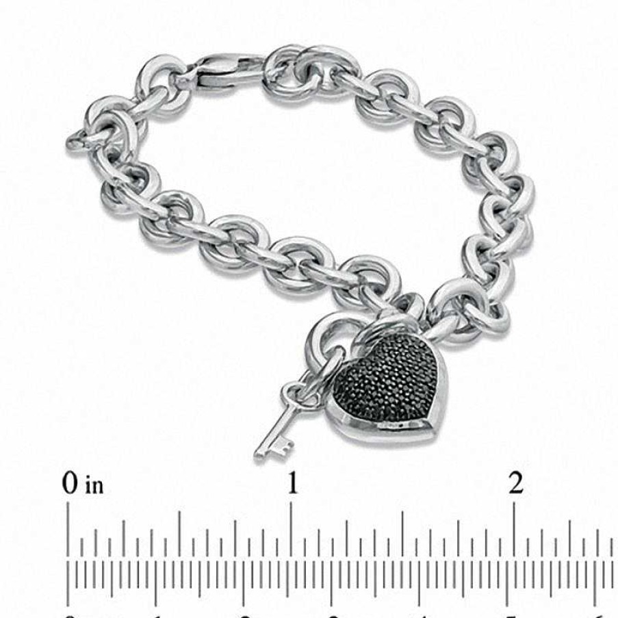 Zales 1/3 Ct. T.W. Black Diamond Heart With Key Charm Bracelet In Sterling Silver - 7.5" Bracelets