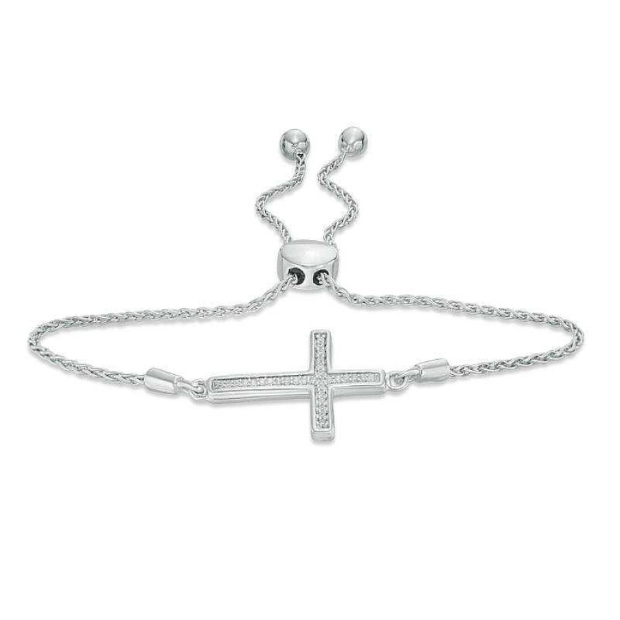 Zales 1/10 Ct. T.W. Diamond Sideways Cross Bolo Bracelet In Sterling Silver (1 Line) - 9.5" Bracelets