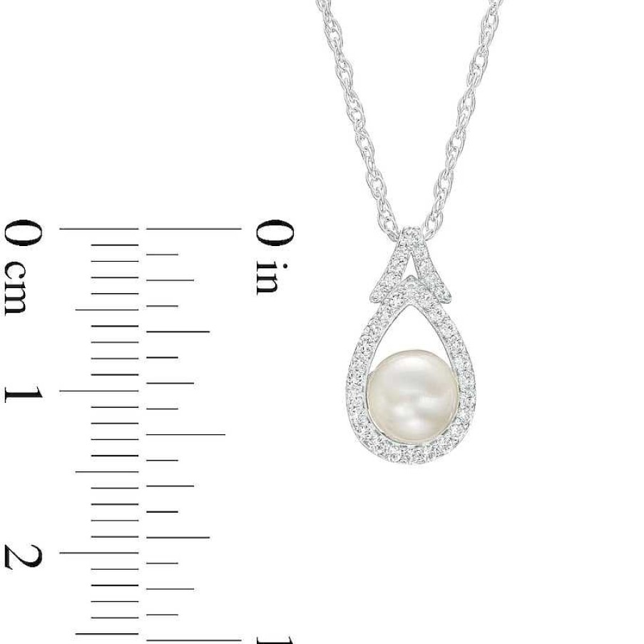 Zales 6.0Mm Cultured Freshwater Pearl And White Lab-Created Sapphire Pear-Shaped Frame Split Bail Pendant In Sterling Silver Necklaces