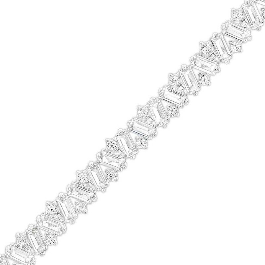 Zales Emerald-Cut And Round White Lab-Created Sapphire Alternating Zig-Zag Line Bracelet In Sterling Silver - 7.25" Bracelets