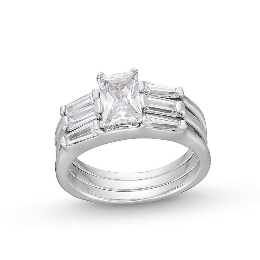 Zales Emerald And Baguette-Cut White Lab-Created Sapphire Collar Triple Row Split Shank Ring In Sterling Silver Rings