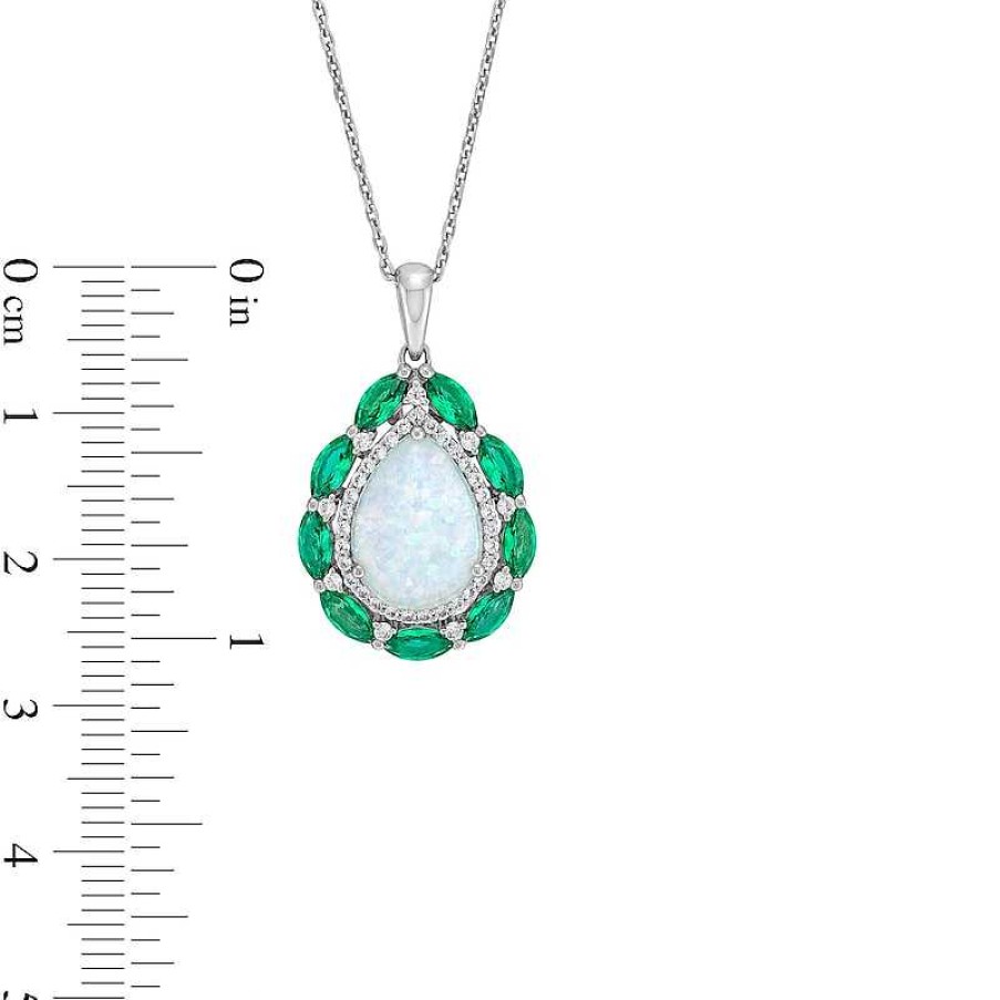 Zales Pear-Shaped Lab-Created Opal, Lab-Created Emerald And White Lab-Created Sapphire Frame Pendant In Sterling Silver Necklaces