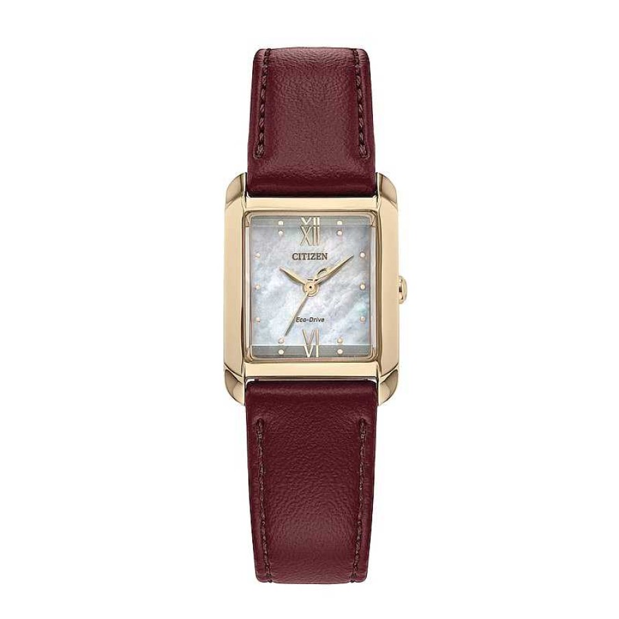 Citizen Ladies' Citizen Eco-Drive® Bianca Gold-Tone Red Leather Strap Watch With Square Mother-Of-Pearl Dial (Model: Ew5593-05D) Watches