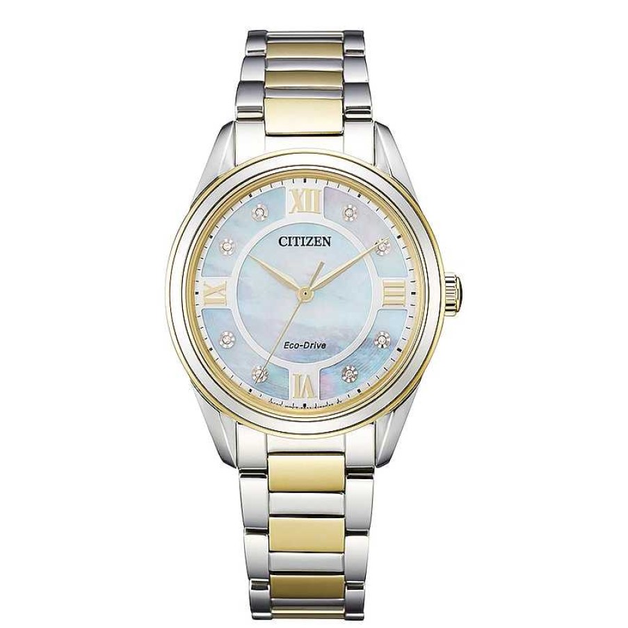 Citizen Ladies' Citizen Eco-Drive® Arezzo Diamond Accent Two-Tone Watch With Mother-Of-Pearl Dial (Model: Em0874-57D) Watches