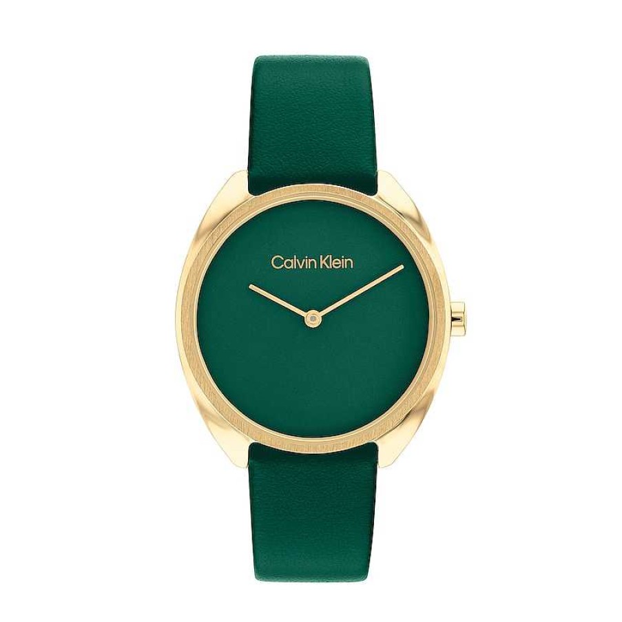 Calvin Klein Ladies' Calvin Klein Gold-Tone Ip Green Leather Strap Watch (Model: 25200273) Watches