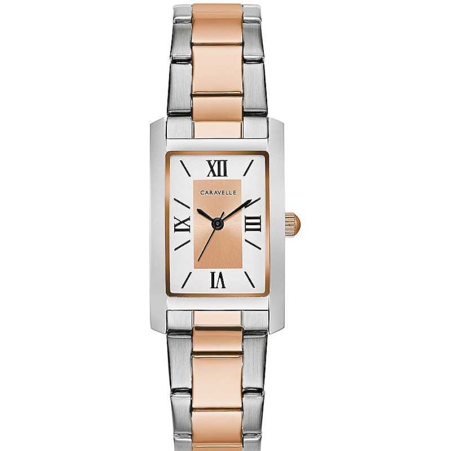 CARAVELLE Ladies' Caravelle By Bulova Two-Tone Watch With Rectangular Rose-Tone And White Dial (Model: 45L187) Watches