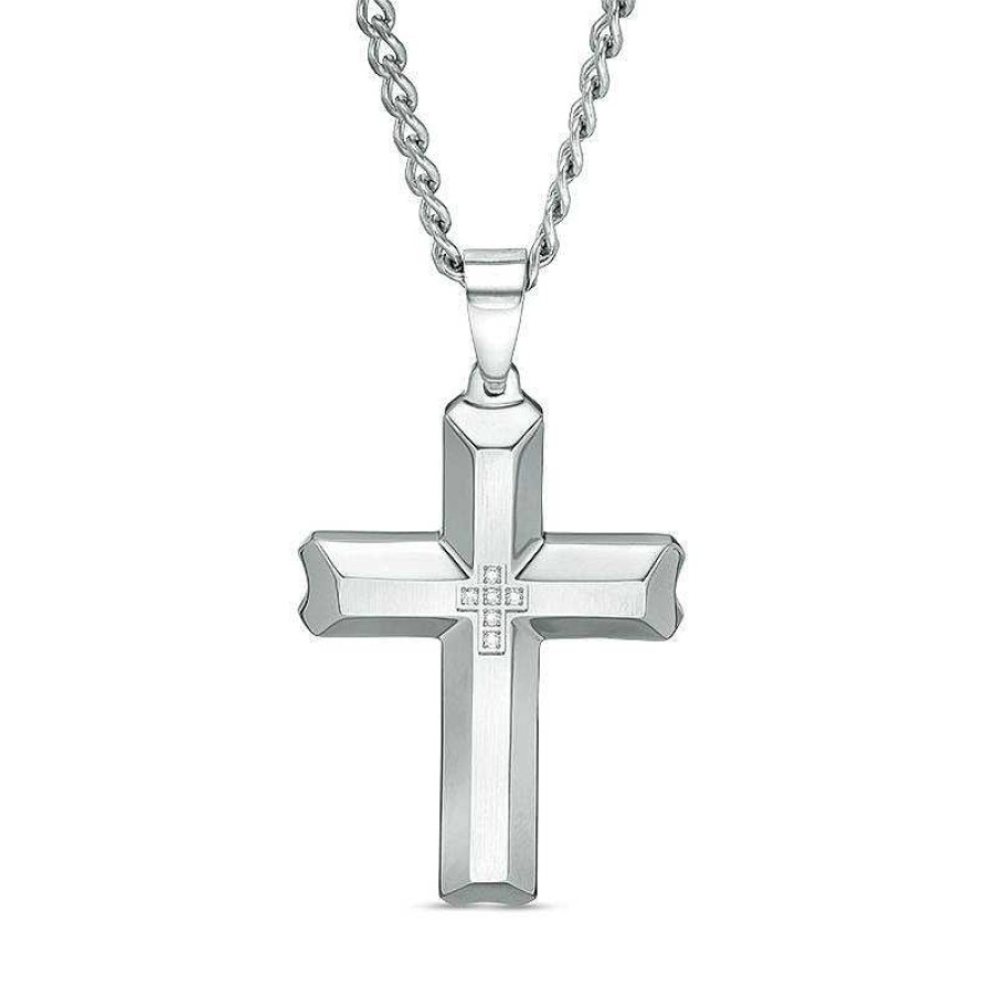 Zales Men'S 1/20 Ct. T.W. Diamond Satin-Finish Bevelled Edge Cross Pendant In Stainless Steel - 24" Necklaces