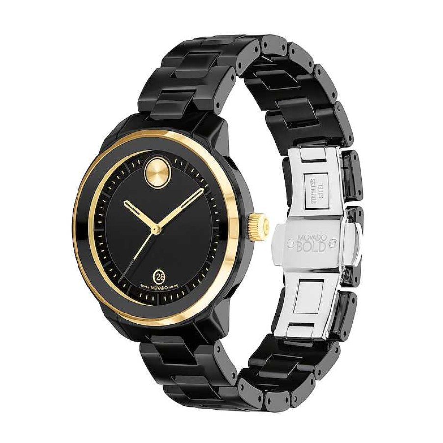 Movado Ladies' Movado Bold® Verso Gold-Tone Ip And Black Ceramic Watch With Black Dial (Model: 3600936) Watches