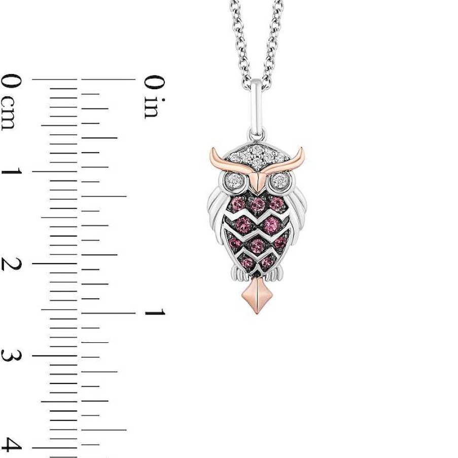 Zales Enchanted Disney Aurora Pink Tourmaline And 1/15 Ct. T.W. Diamond Owl Pendant In Sterling Silver And 10K Rose Gold Necklaces