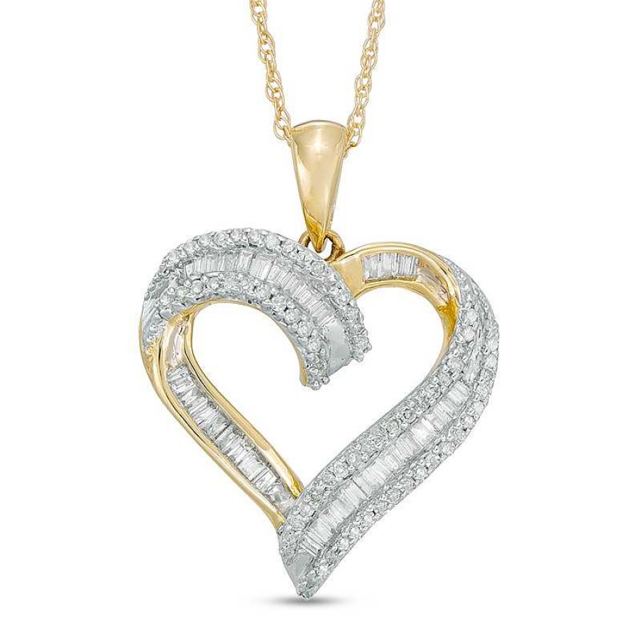 Zales 1/4 Ct. T.W. Baguette And Round Diamond Heart Pendant In 10K Gold Necklaces