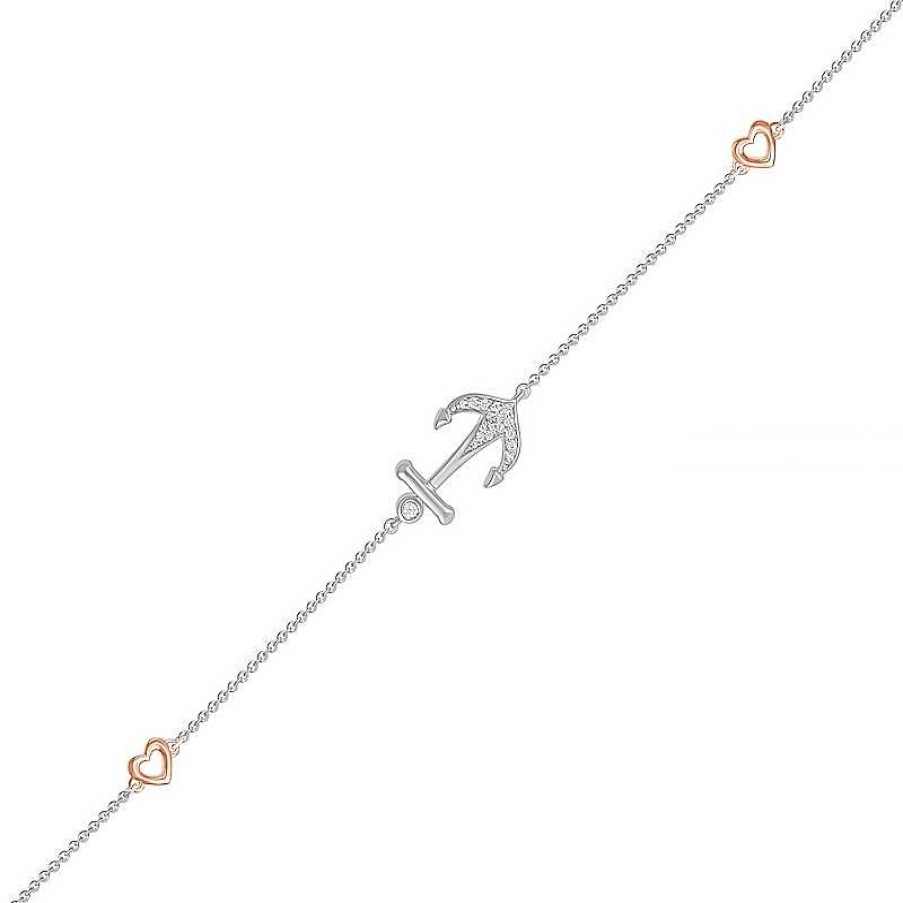 Zales 1/20 Ct. T.W. Diamond Heart And Anchor Anklet In Sterling Silver And 10K Rose Gold 10" Bracelets