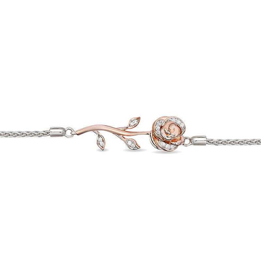 Zales Enchanted Disney Belle 1/10 Ct. T.W. Diamond Rose Bolo Bracelet In Sterling Silver And 10K Rose Gold - 8.5" Bracelets