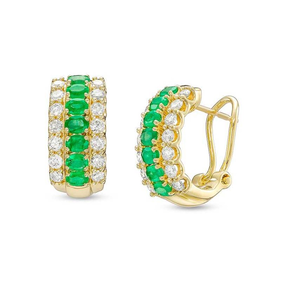 Zales Oval Emerald And 3/4 Ct. T.W. Diamond Triple Row Hoop Earrings In 10K Gold Earrings