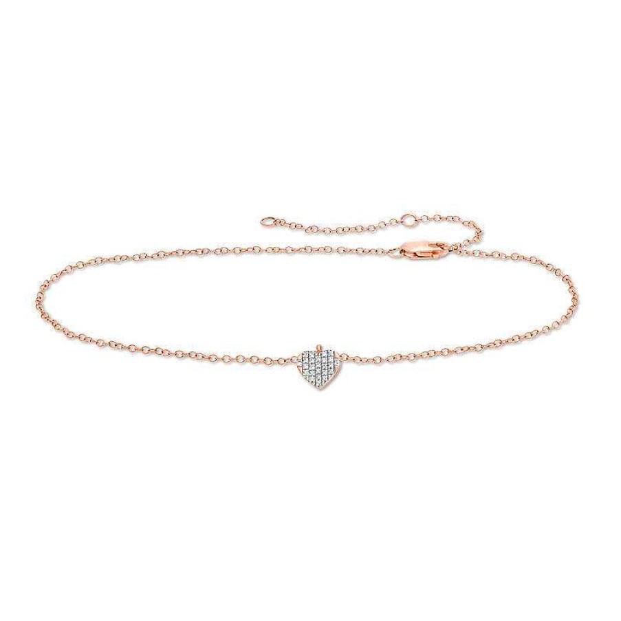 Zales 1/20 Ct. T.W. Diamond Heart Dangle Anklet In 10K Rose Gold - 10" Bracelets