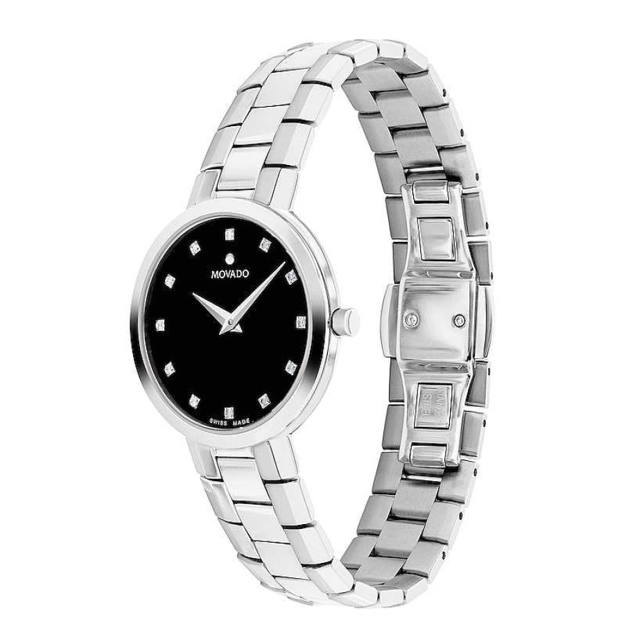 Movado Ladies' Movado Faceto 1/20 Ct. T.W. Diamond Watch With Black Dial (Model: 0607866) Watches