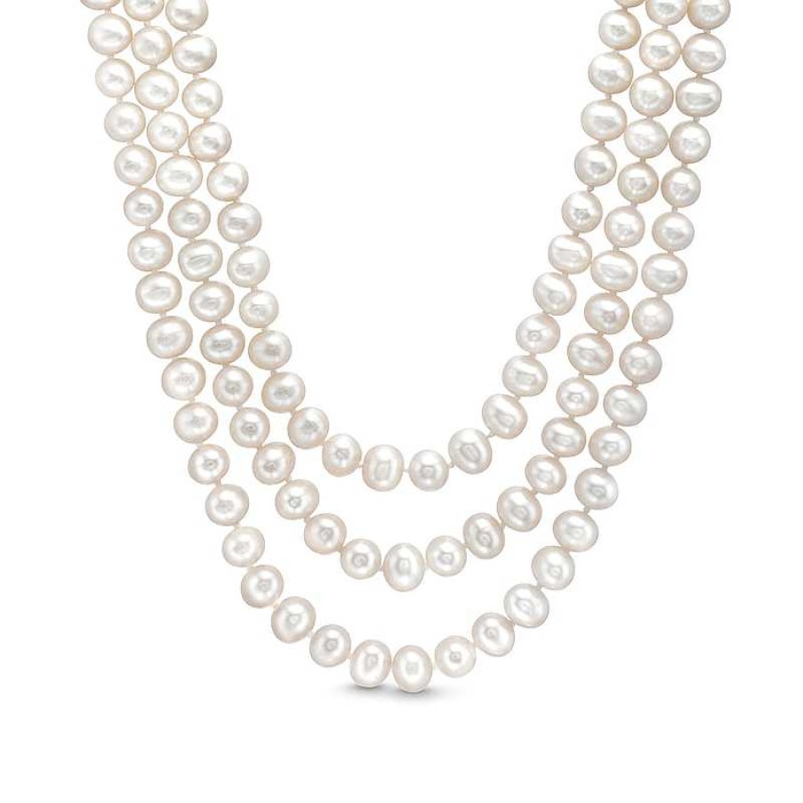 Zales Cultured Freshwater Pearl Triple Strand Necklace With Floral Sterling Silver Clasp - 19" Necklaces