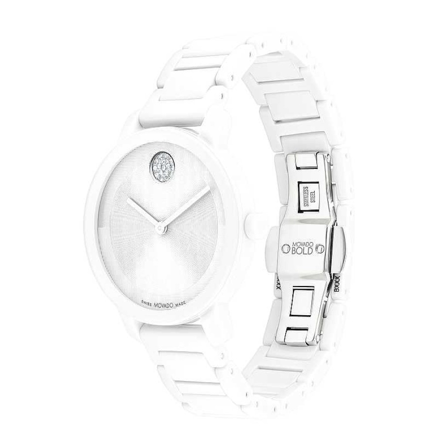 Movado Bold Ladies' Movado Bold® Evolution Crystal Accent White Ceramic Watch With Textured Tonal White Dial (Model: 3601233) Watches