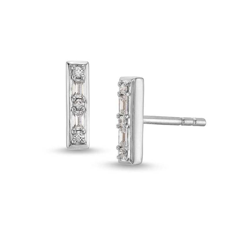 Zales 1/10 Ct. T.W. Baguette And Round Diamond Bar Stud Earrings In 10K White Gold Earrings