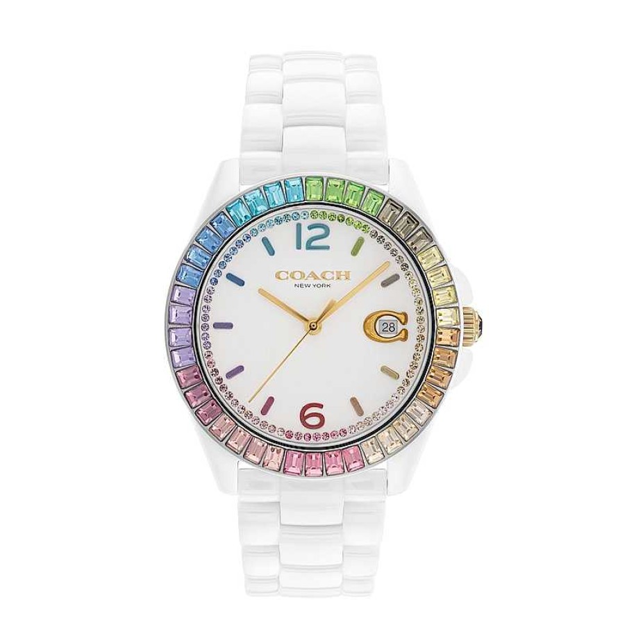 Coach Ladies' Coach Greyson Multi-Color Crystal Accent Rainbow Bezel White Ceramic Watch With White Dial (Model: 14504019) Watches