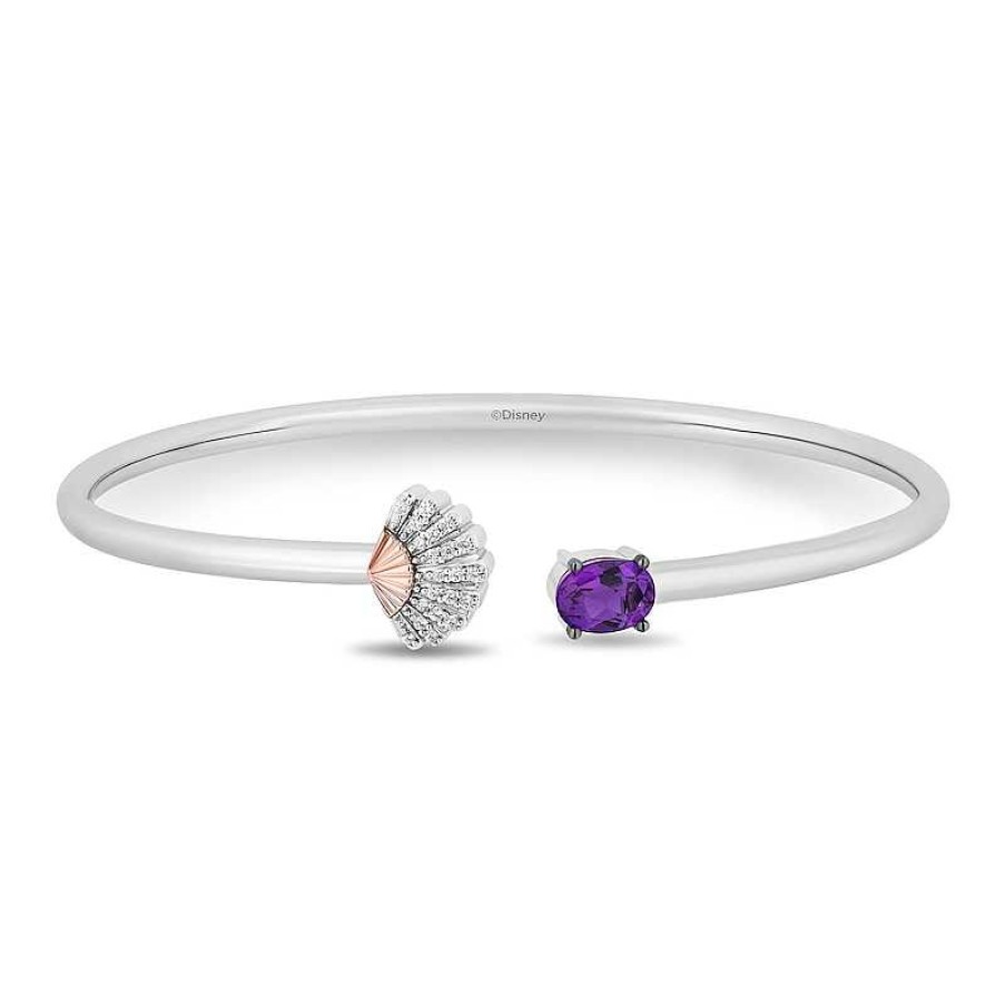 Zales Enchanted Disney Ariel Oval Amethyst And 1/10 Ct. T.W. Diamond Open Bangle In Sterling Silver And 10K Rose Gold Bracelets