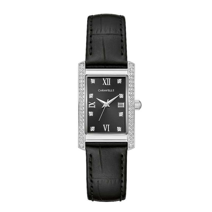 CARAVELLE Ladies' Caravelle By Bulova Crystal Accent Black Leather Strap Watch With Rectangular Black Dial (Model: 43L222) Watches