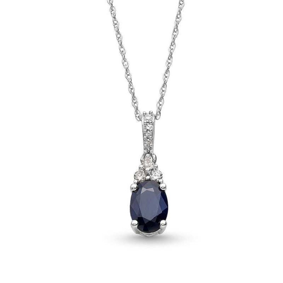 Zales Oval Blue Sapphire And 1/15 Ct. T.W. Diamond Pendant In 10K White Gold Necklaces