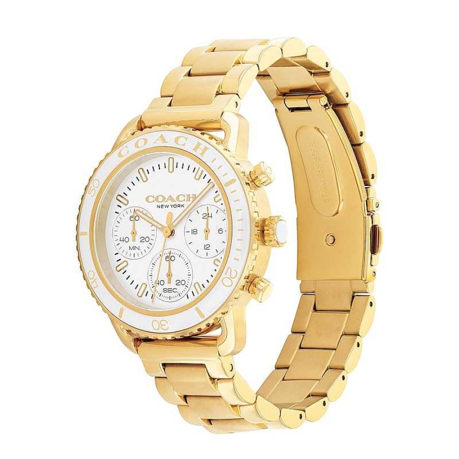 Coach Ladies' Coach Cruiser Gold-Tone And White Ceramic Bezel Chronograph Watch With White Dial (Model: 14504051) Watches