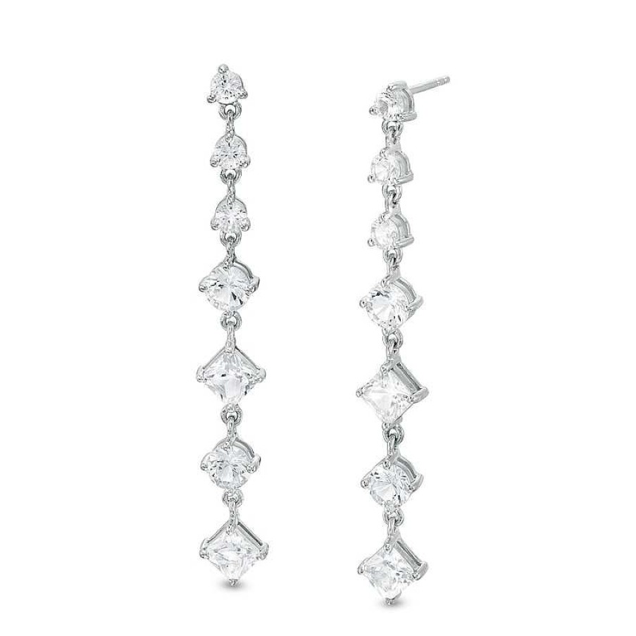 Zales Princess-Cut And Round White Lab-Created Sapphire Alternating Drop Earrings In Sterling Silver Earrings